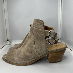 Lucky Brand Booties Womens 8 M Ankle Buckle Strap Heel Gray Leather Open Toe